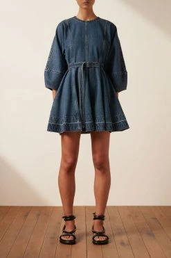 Shona Joy ANITA LANTERN SLEEVE MINI DRESS - INDIGO DRESSES