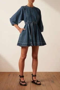Shona Joy ANITA LANTERN SLEEVE MINI DRESS - INDIGO DRESSES