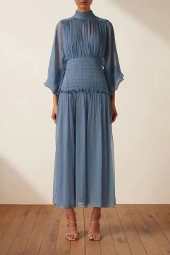 Shona Joy NOEMI LONG SLEEVE RUCHED MIDI DRESS - OCEAN DRESSES