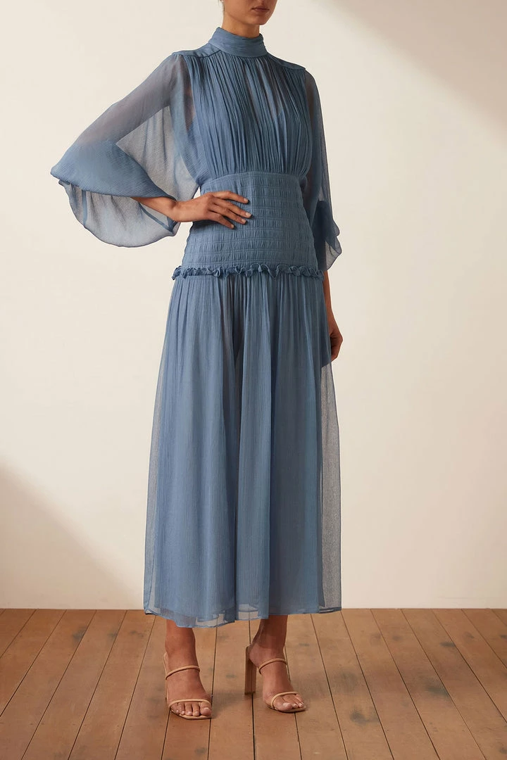 Shona Joy NOEMI LONG SLEEVE RUCHED MIDI DRESS - OCEAN DRESSES