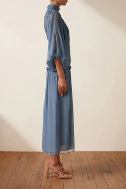 Shona Joy NOEMI LONG SLEEVE RUCHED MIDI DRESS - OCEAN DRESSES