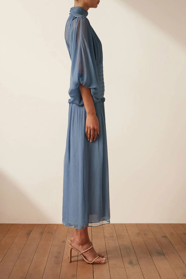 Shona Joy NOEMI LONG SLEEVE RUCHED MIDI DRESS - OCEAN DRESSES