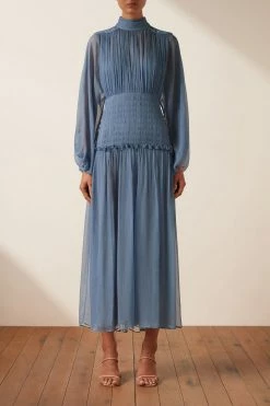 Shona Joy NOEMI LONG SLEEVE RUCHED MIDI DRESS - OCEAN DRESSES