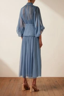 Shona Joy NOEMI LONG SLEEVE RUCHED MIDI DRESS - OCEAN DRESSES