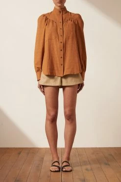 Shona Joy PRISCILA HIGH NECK UTILITY SHIRT - TURMERIC TOPS