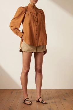 Shona Joy PRISCILA HIGH NECK UTILITY SHIRT - TURMERIC TOPS