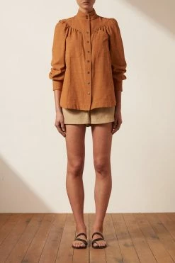 Shona Joy PRISCILA HIGH NECK UTILITY SHIRT - TURMERIC TOPS