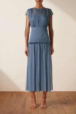 Shona Joy NOEMI SHORT SLEEVE RUCHED MIDI DRESS - OCEAN