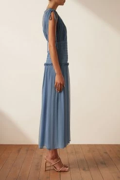 Shona Joy NOEMI SHORT SLEEVE RUCHED MIDI DRESS - OCEAN