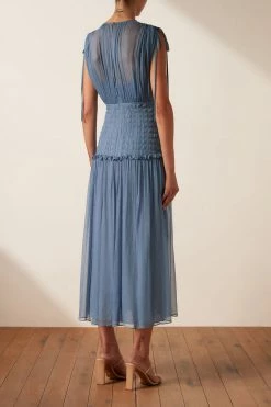 Shona Joy NOEMI SHORT SLEEVE RUCHED MIDI DRESS - OCEAN