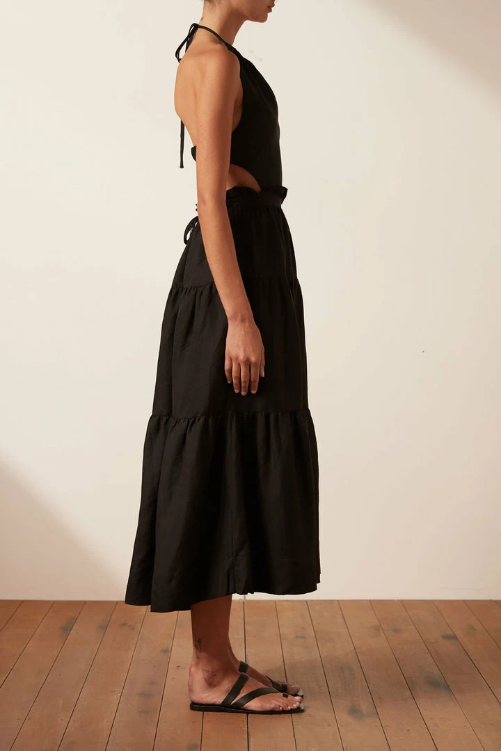 Shona Joy RUBI LINEN BACKLESS MIDI DRESS - BLACK