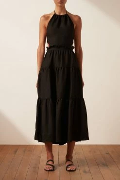 Shona Joy RUBI LINEN BACKLESS MIDI DRESS - BLACK