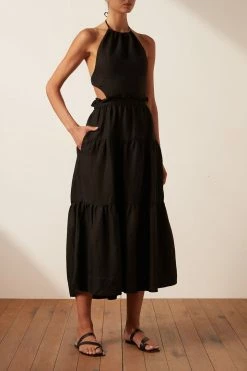 Shona Joy RUBI LINEN BACKLESS MIDI DRESS - BLACK