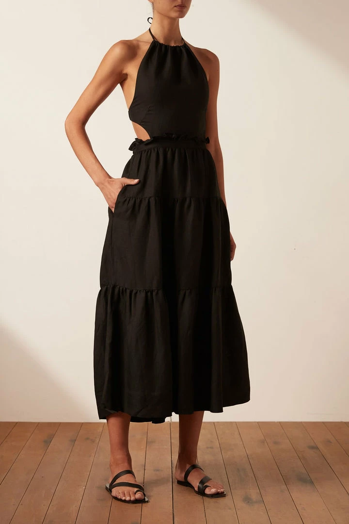 Shona Joy RUBI LINEN BACKLESS MIDI DRESS - BLACK