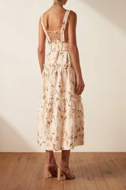 Shona Joy ROXANNE LINEN PLUNGED TIERED MIDI DRESS DRESSES