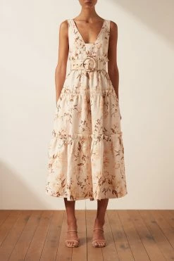 Shona Joy ROXANNE LINEN PLUNGED TIERED MIDI DRESS DRESSES