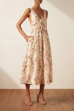 Shona Joy ROXANNE LINEN PLUNGED TIERED MIDI DRESS DRESSES
