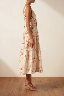 Shona Joy ROXANNE LINEN PLUNGED TIERED MIDI DRESS DRESSES