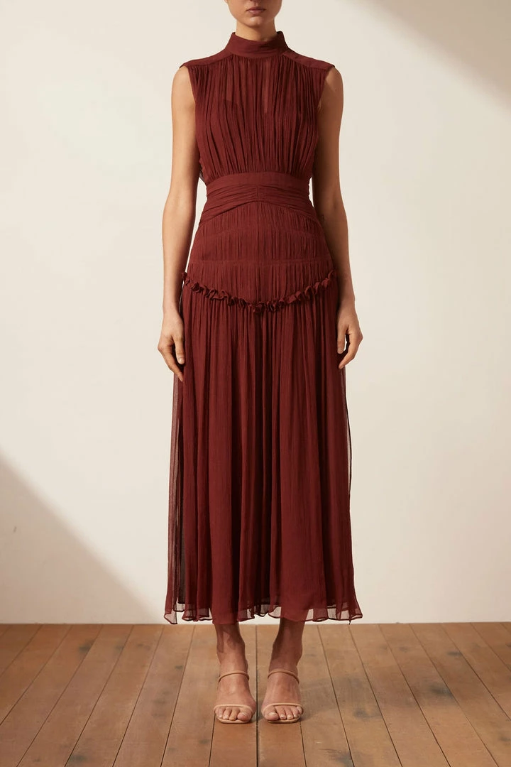 Shona Joy DRESSES SAFIRA HIGH NECK MIDI DRESS - SANGRIA