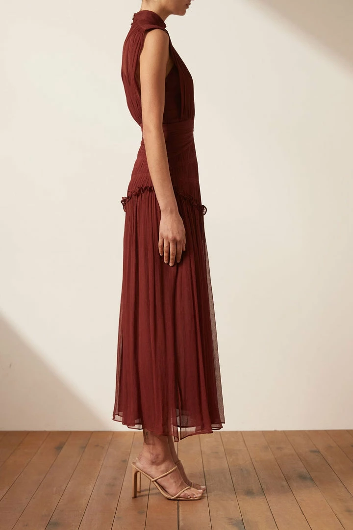 Shona Joy DRESSES SAFIRA HIGH NECK MIDI DRESS - SANGRIA