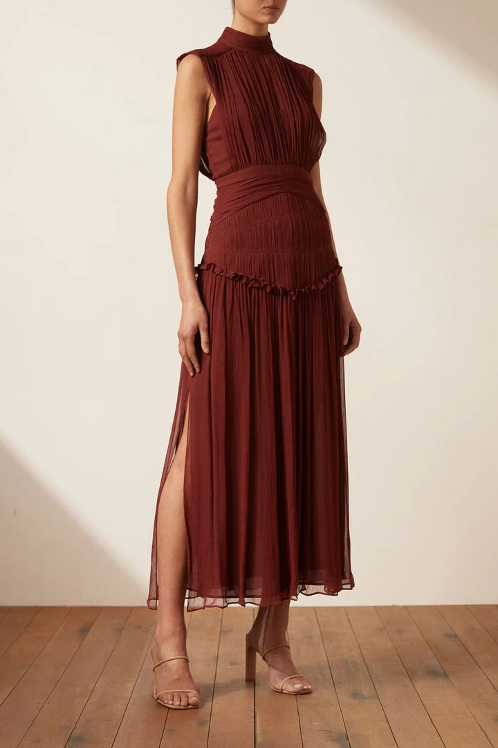 Shona Joy DRESSES SAFIRA HIGH NECK MIDI DRESS - SANGRIA