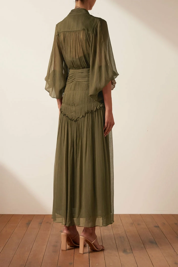 Shona Joy DRESSES IRIS BUTTON UP RUCHED MIDI DRESS - CUMIN