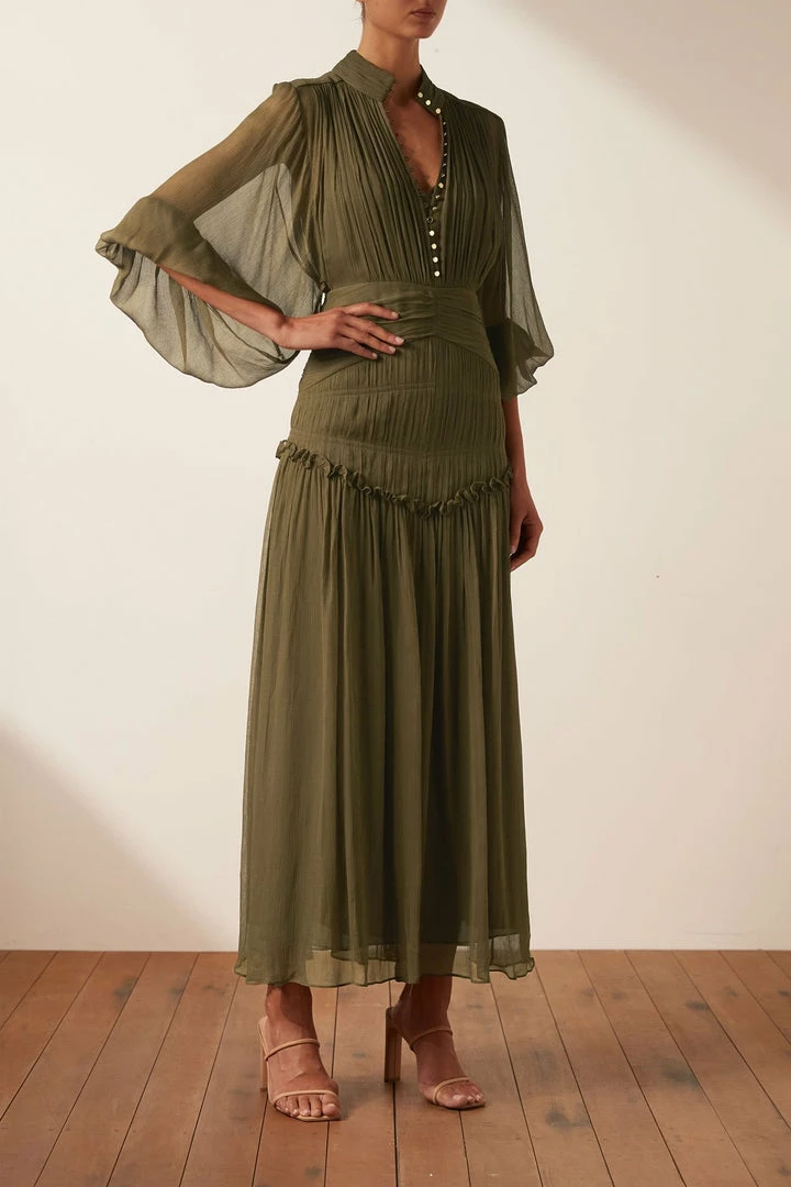 Shona Joy DRESSES IRIS BUTTON UP RUCHED MIDI DRESS - CUMIN