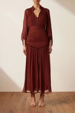 Shona Joy DRESSES SAFIRA BUTTON UP RUCHED MIDI DRESS - SANGRIA