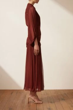 Shona Joy DRESSES SAFIRA BUTTON UP RUCHED MIDI DRESS - SANGRIA