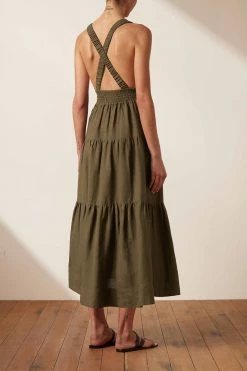 Shona Joy DRESSES JULIANA LINEN PLUNGED CROSS BACK MIDI DRESS - FOREST