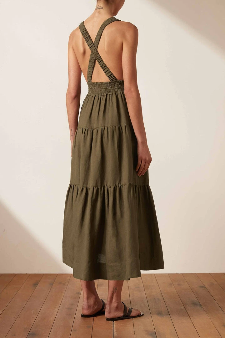Shona Joy DRESSES JULIANA LINEN PLUNGED CROSS BACK MIDI DRESS - FOREST