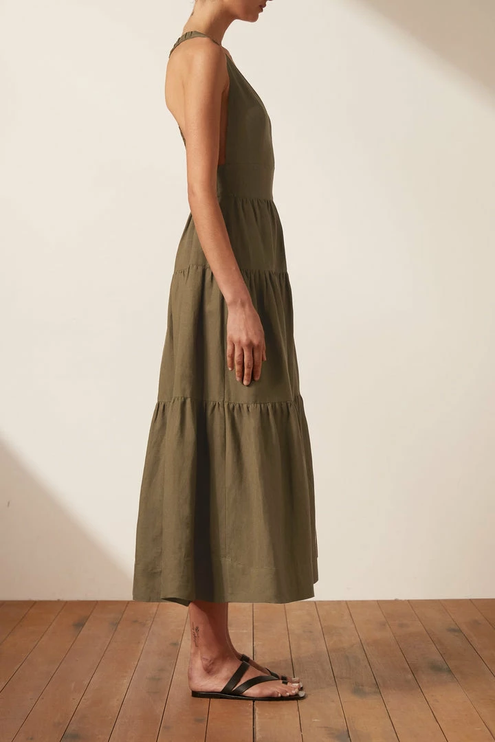 Shona Joy DRESSES JULIANA LINEN PLUNGED CROSS BACK MIDI DRESS - FOREST
