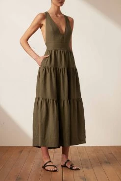 Shona Joy DRESSES JULIANA LINEN PLUNGED CROSS BACK MIDI DRESS - FOREST