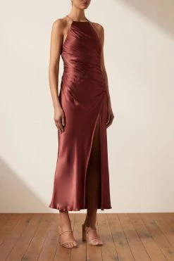 Shona Joy THALIA GATHERED SQUARE NECK BIAS MIDI DRESS - SANGRIA