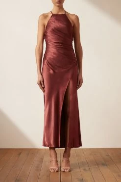 Shona Joy THALIA GATHERED SQUARE NECK BIAS MIDI DRESS - SANGRIA