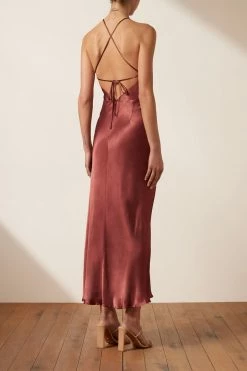 Shona Joy THALIA GATHERED SQUARE NECK BIAS MIDI DRESS - SANGRIA