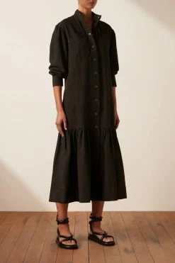 Shona Joy DRESSES PRISCILA HIGH NECK UTILITY MIDI DRESS - COAL