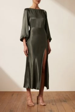 Shona Joy LA LUNE BALLOON SLEEVE BACKLESS MIDI DRESS - OLIVE DRESSES