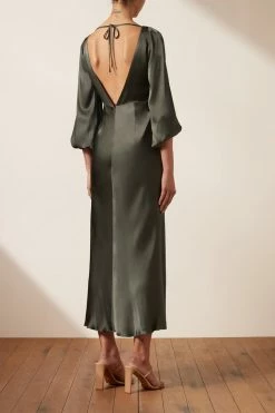 Shona Joy LA LUNE BALLOON SLEEVE BACKLESS MIDI DRESS - OLIVE DRESSES