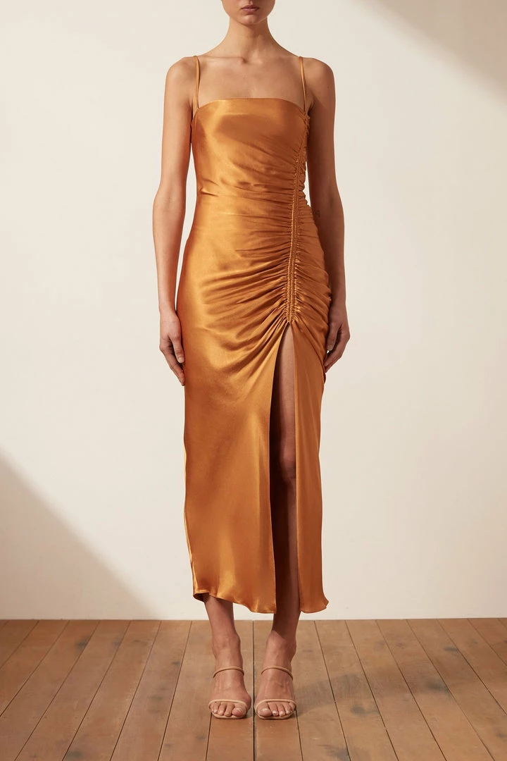 Shona Joy LILY BIAS RUCHED MIDI DRESS - TURMERIC DRESSES