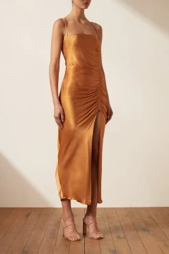 Shona Joy LILY BIAS RUCHED MIDI DRESS - TURMERIC DRESSES