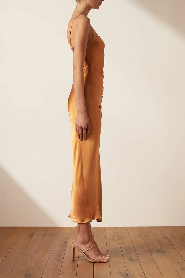 Shona Joy LILY BIAS RUCHED MIDI DRESS - TURMERIC DRESSES