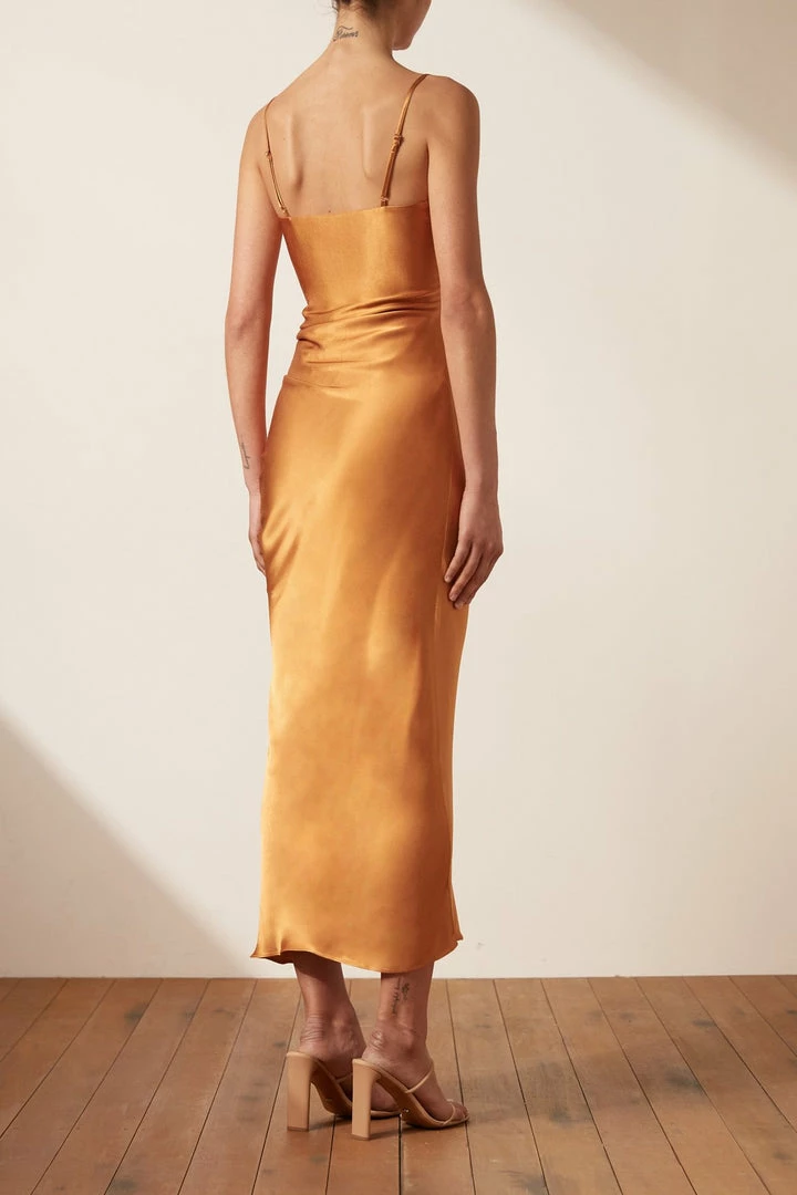 Shona Joy LILY BIAS RUCHED MIDI DRESS - TURMERIC DRESSES