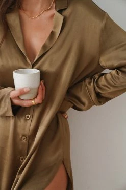 Shona Joy LA LUNE LOUNGE SHIRT DRESS - WARM OLIVE DRESSES