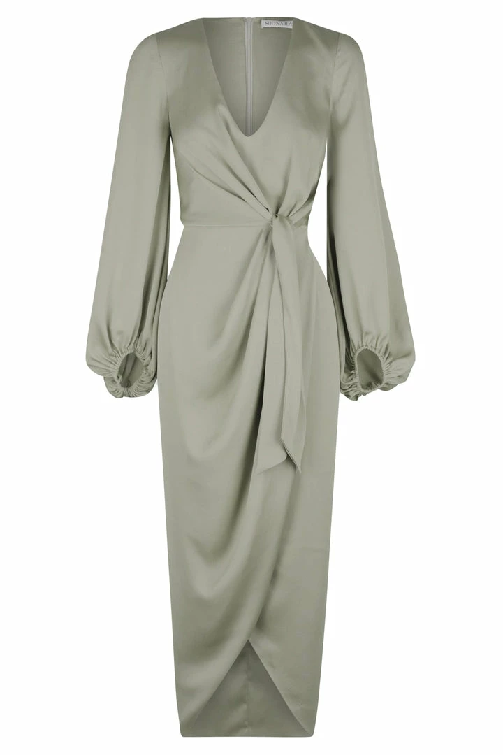 Shona Joy DRESSES LUXE TIE FRONT BALLOON SLEEVE MIDI DRESS - EUCALYPTUS