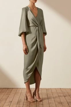 Shona Joy DRESSES LUXE TIE FRONT BALLOON SLEEVE MIDI DRESS - EUCALYPTUS