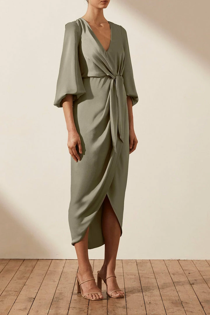 Shona Joy DRESSES LUXE TIE FRONT BALLOON SLEEVE MIDI DRESS - EUCALYPTUS