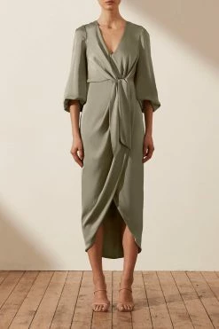 Shona Joy DRESSES LUXE TIE FRONT BALLOON SLEEVE MIDI DRESS - EUCALYPTUS