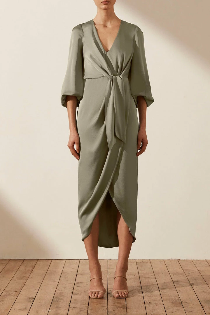 Shona Joy DRESSES LUXE TIE FRONT BALLOON SLEEVE MIDI DRESS - EUCALYPTUS