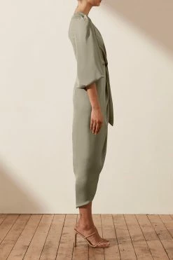 Shona Joy DRESSES LUXE TIE FRONT BALLOON SLEEVE MIDI DRESS - EUCALYPTUS